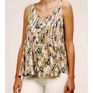 Maeve Anthropologie Women's Green Sleeveless Pintucked Blouse Tank Top Size 8
